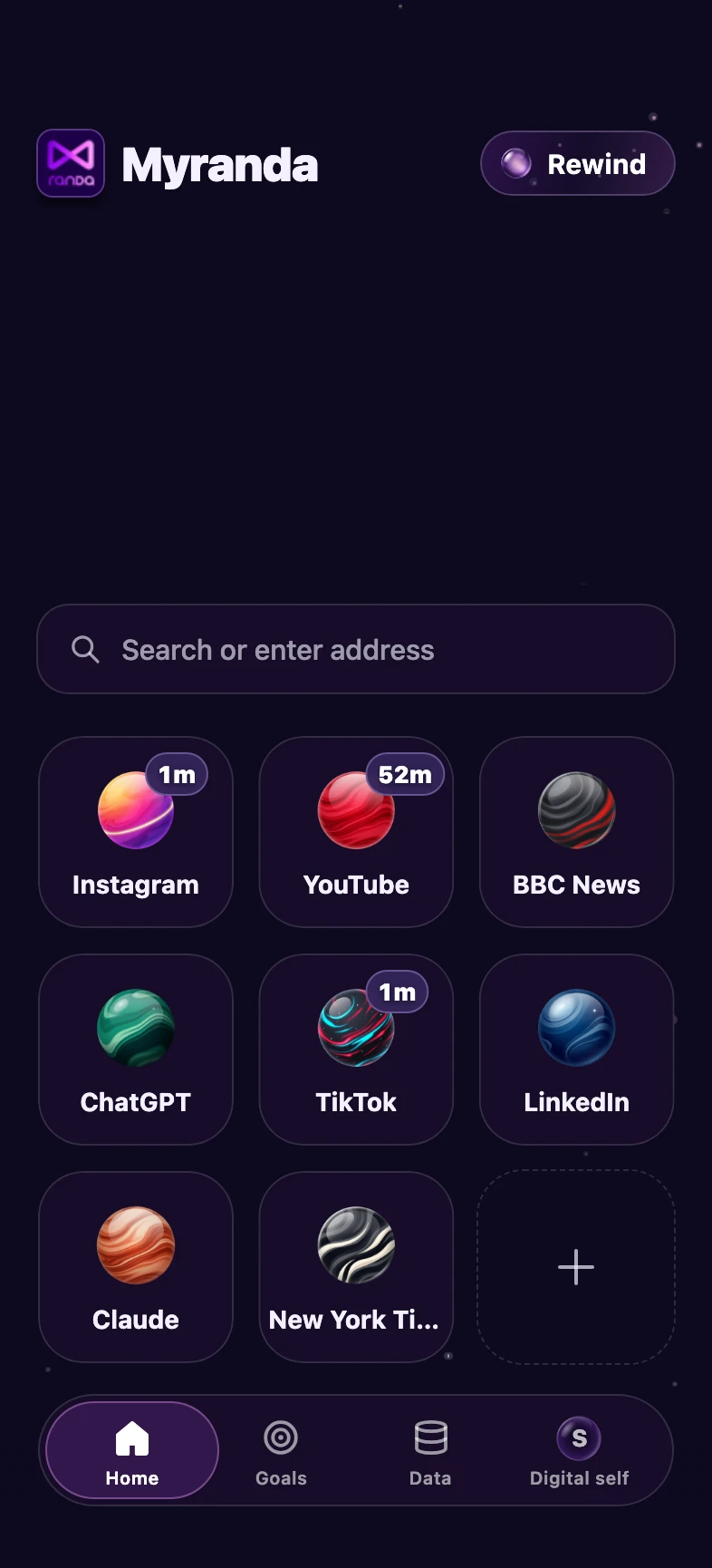 The Myranda home screen with the student's apps: Instagram, YouTube, TikTok and ChatGPT
