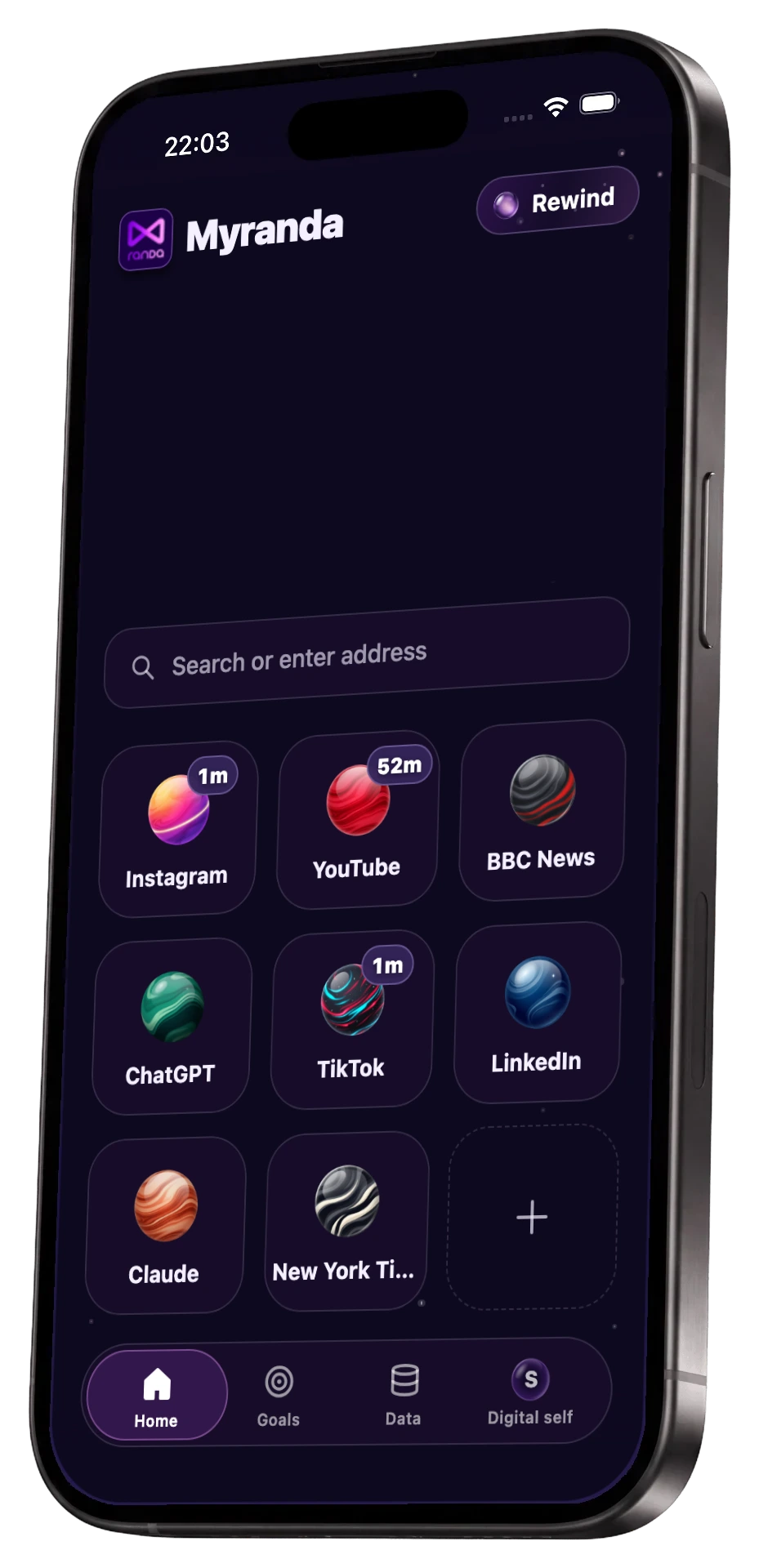 The Myranda app home screen on an iPhone: the bubble, a line about your feed, and the platform launcher